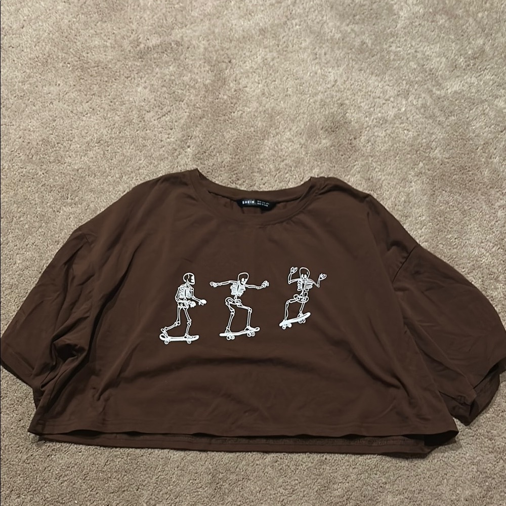 SHEIN Brown Long Sleeve Tee with Playful Skeleton Design